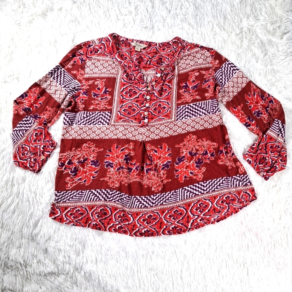 Lucky Brand Womens New Knit Floral Boho Top Red Festival Shirt Hippie Size Large